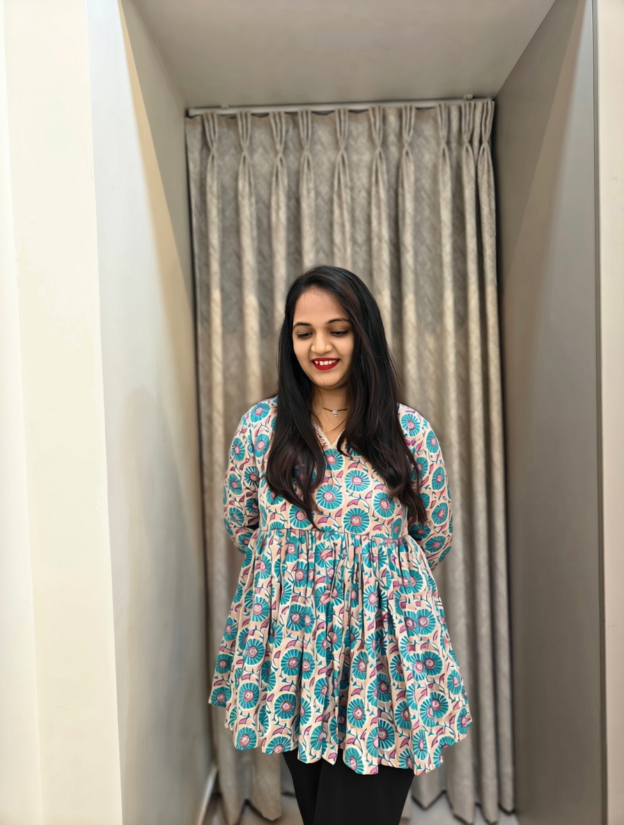 Handblock Print Cotton Peplum Top - Turquoise & Coral Floral