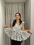 Handblock Floral Print Cotton Peplum Top - White