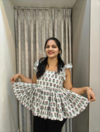 Handblock Floral Print Cotton Peplum Top - White
