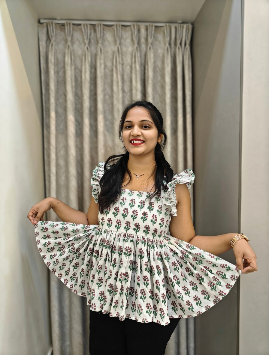 Handblock Floral Print Cotton Peplum Top - White