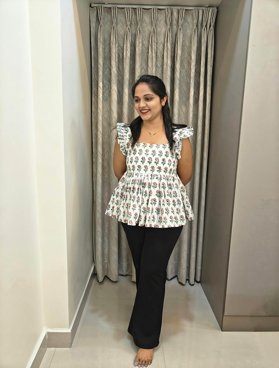 Handblock Floral Print Cotton Peplum Top - White
