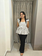 Handblock Floral Print Cotton Peplum Top - White