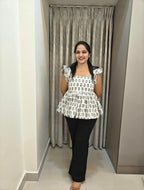Handblock Floral Print Cotton Peplum Top - White