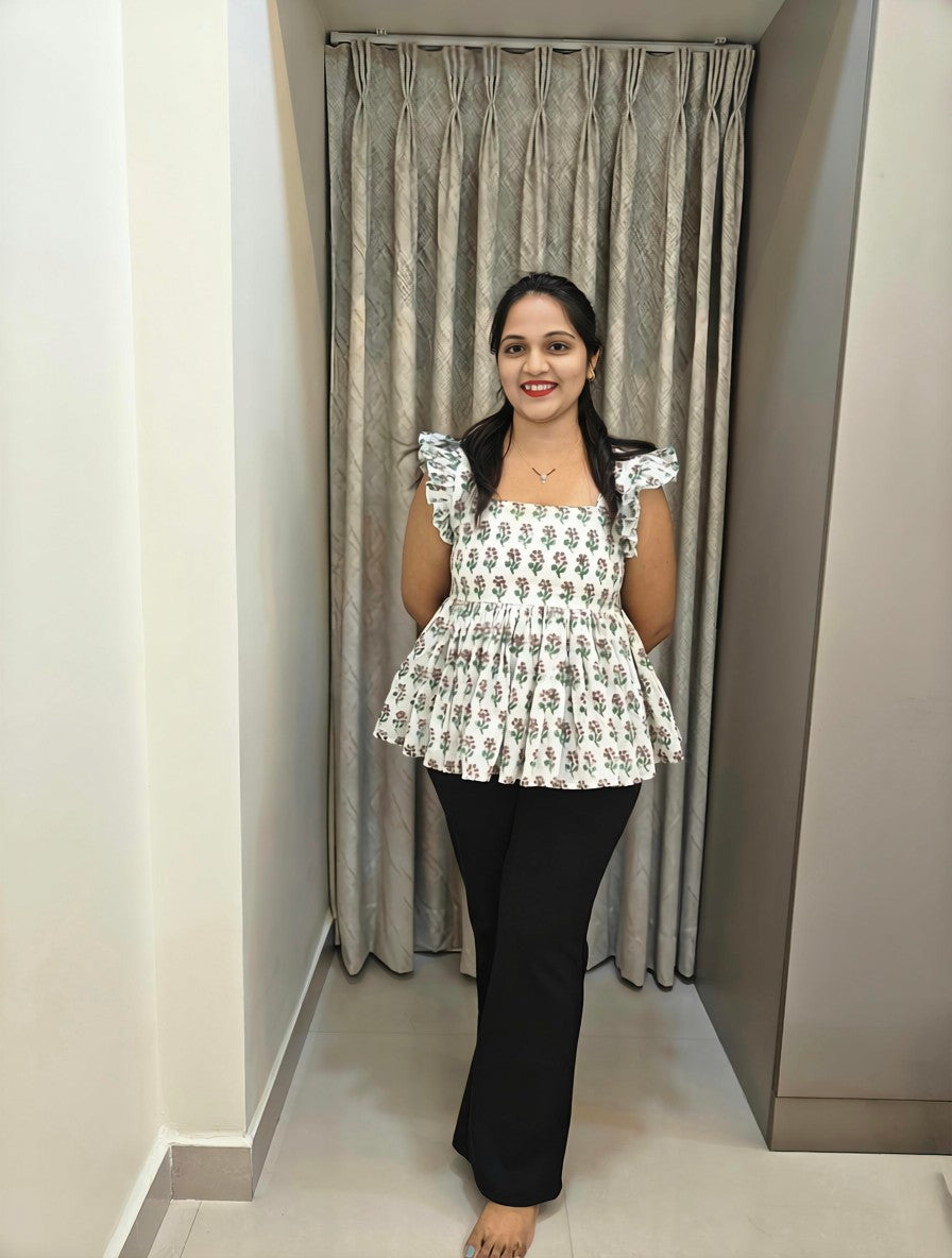 Handblock Floral Print Cotton Peplum Top - White