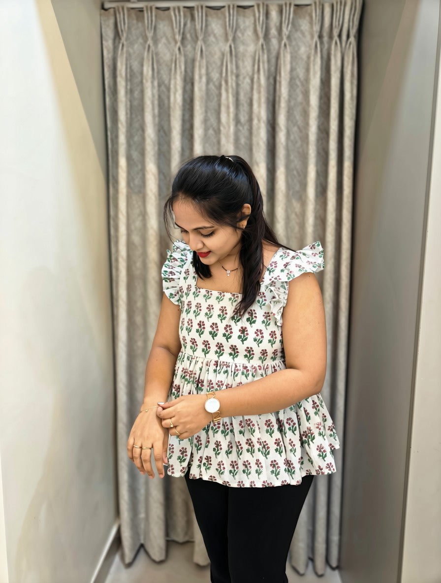 Handblock Floral Print Cotton Peplum Top - White