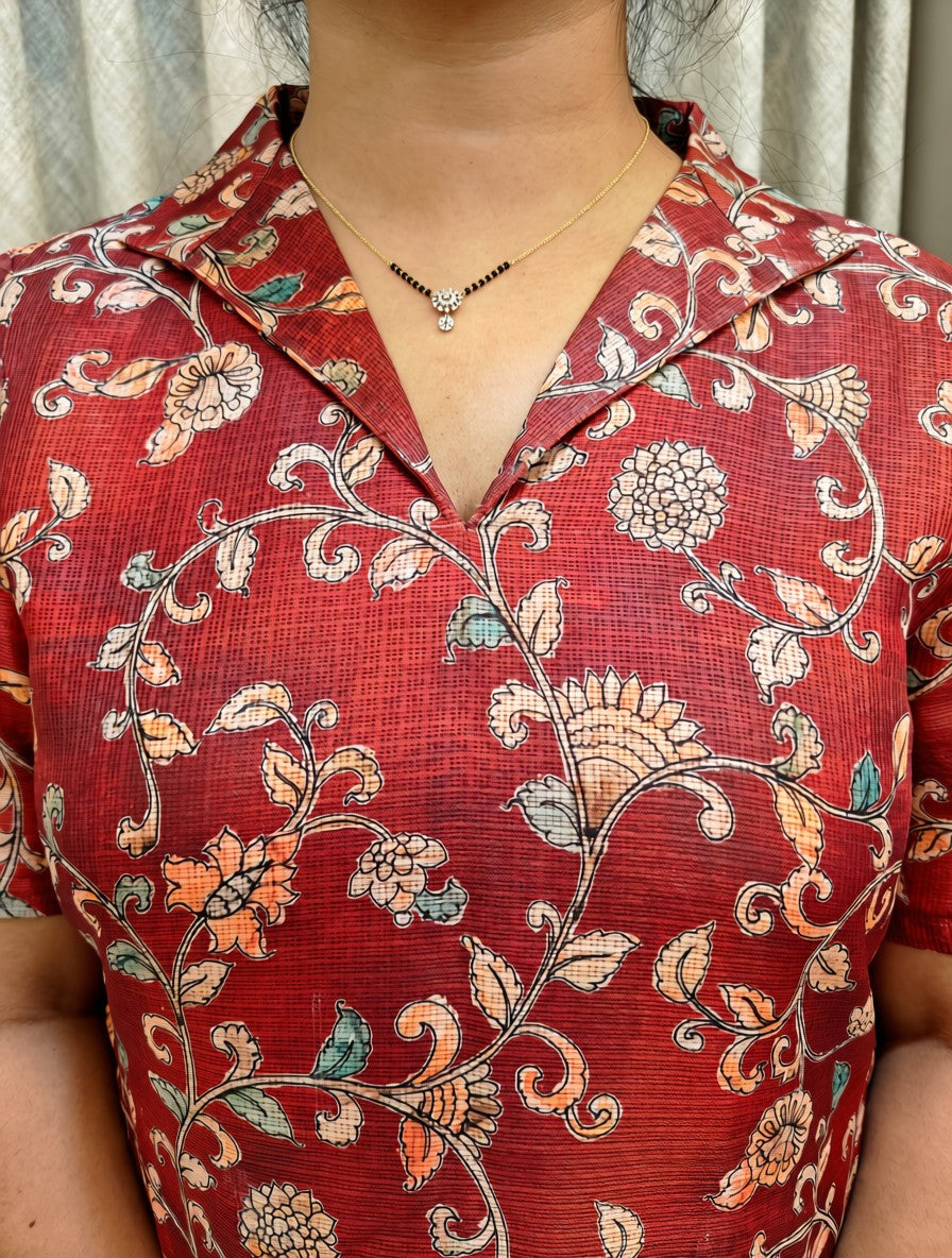 Kota Cotton A-Line Midi Frock - Rust Floral Print