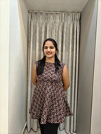 Pure Cotton Peplum Co-ord Set - Wine Red Geometric Print