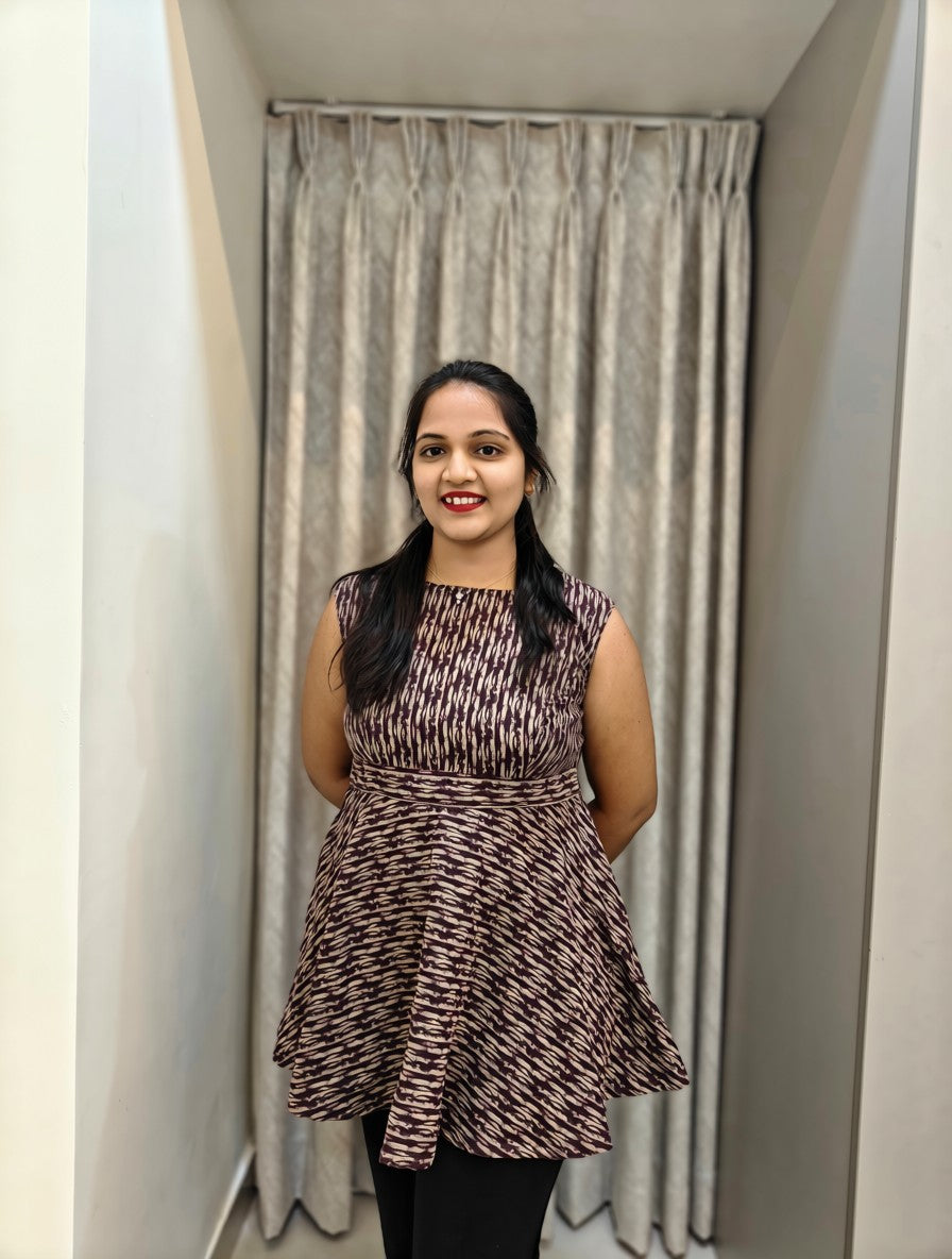 Pure Cotton Peplum Co-ord Set - Wine Red Geometric Print