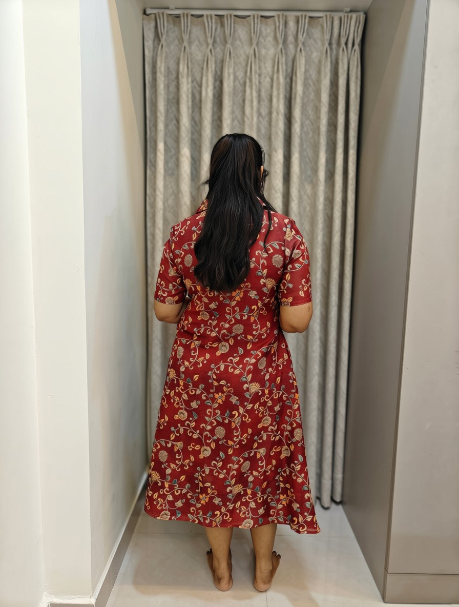 Kota Cotton A-Line Midi Frock - Rust Floral Print
