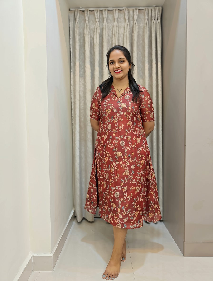 Kota Cotton A-Line Midi Frock - Rust Floral Print