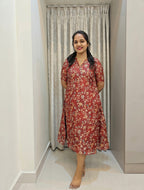 Kota Cotton A-Line Midi Frock - Rust Floral Print