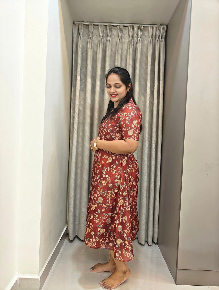 Kota Cotton A-Line Midi Frock - Rust Floral Print