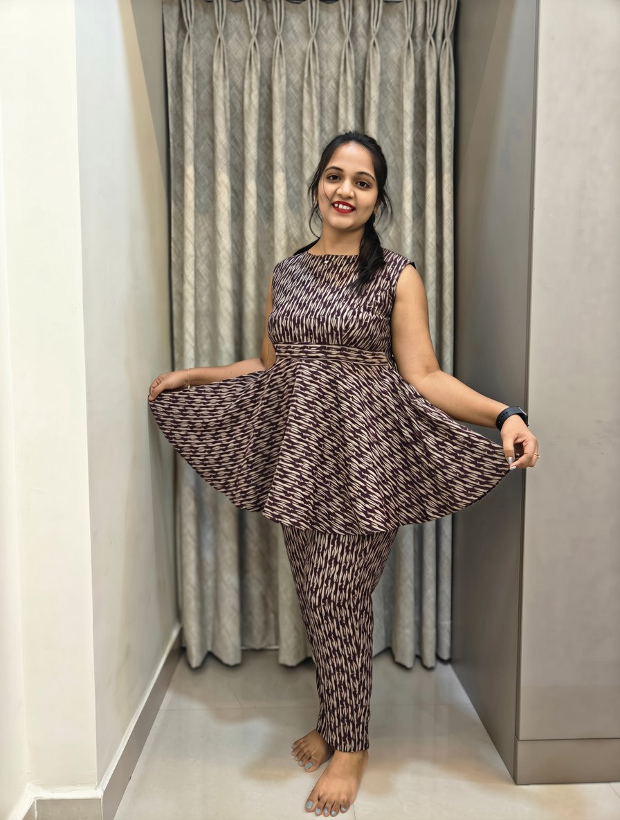 Pure Cotton Peplum Co-ord Set - Wine Red Geometric Print