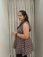 Pure Cotton Peplum Co-ord Set - Wine Red Geometric Print