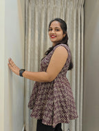 Pure Cotton Peplum Co-ord Set - Wine Red Geometric Print