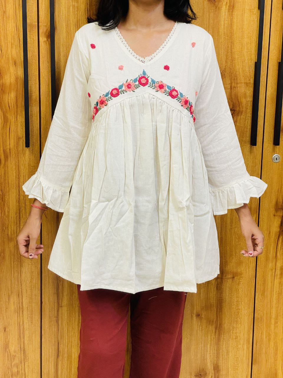 Pure Cotton White Kurti With Embroidary