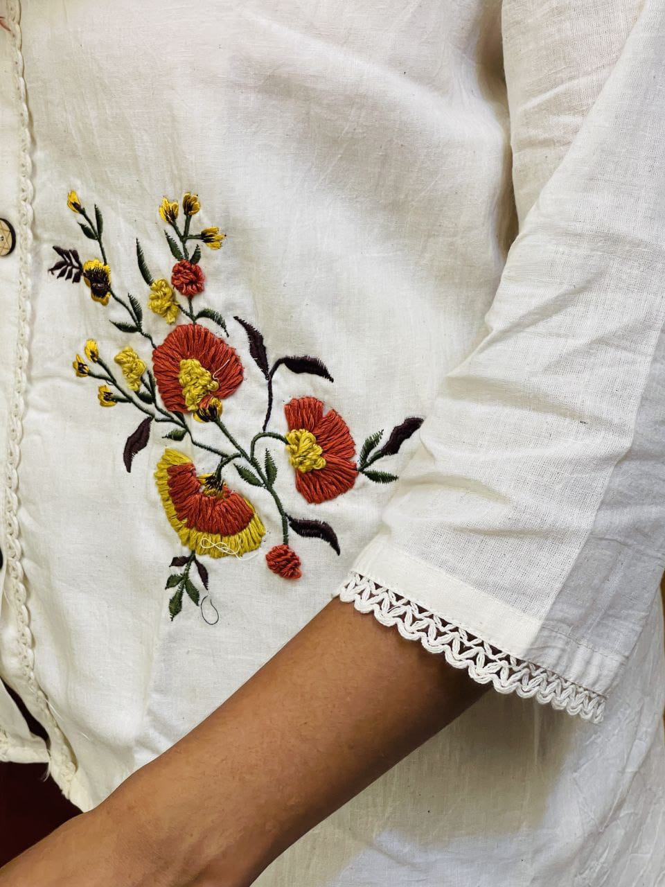Pure Cotton White Kurti With Embroidary