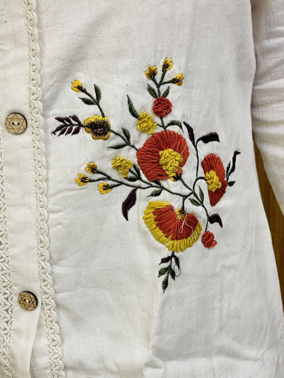 Pure Cotton White Kurti With Embroidary